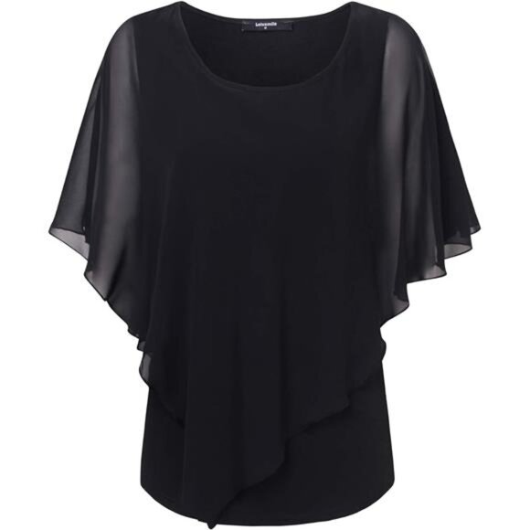Women's Lightweight Flowy Shirt Double-Layered Printed Chiffon Poncho Blouse Top - Picture 3 of 7